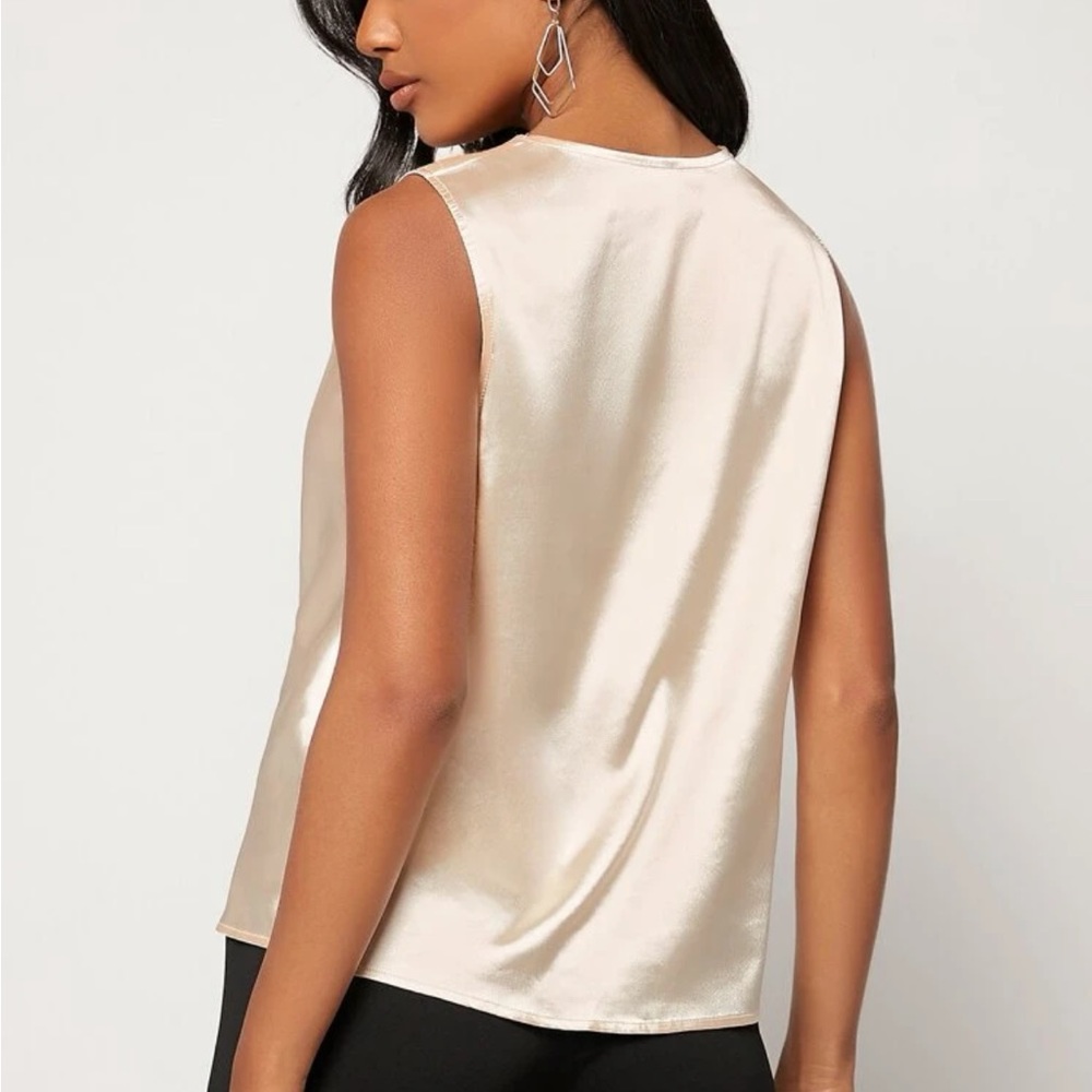 Cream Draped Collar Sleeveless satin Blouse - Picture 2 of 3